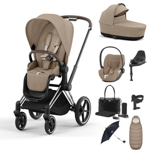 CYBEX Priam Ultimate Bundle-Travel Systems-Cozy Beige-Chrome Brown | Natural Baby Shower