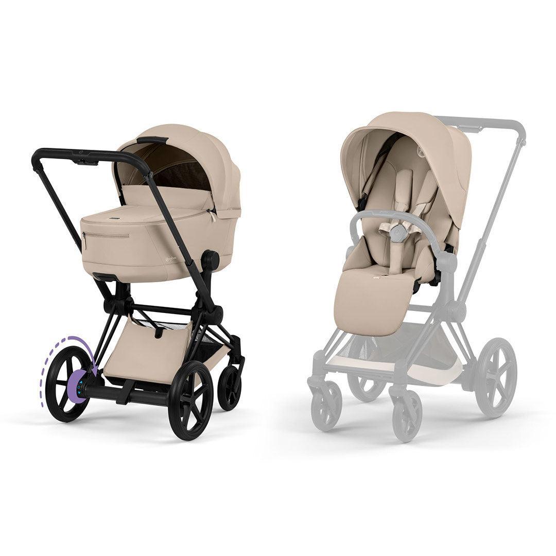 CYBEX e-Priam Comfort Pushchair & Foldable Carrycot - Cozy Beige/Black-Strollers-Cozy Beige/Black- | Natural Baby Shower