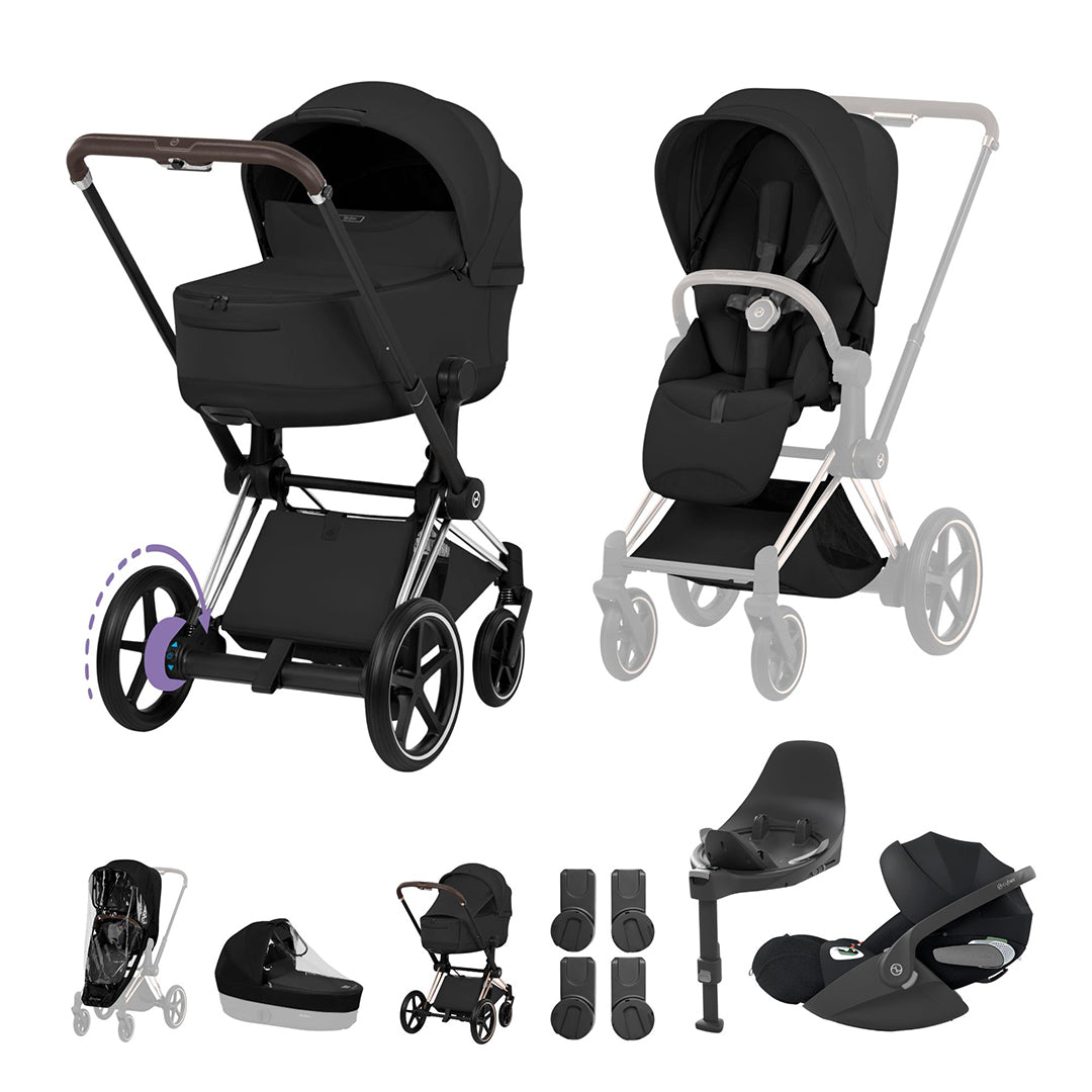 Cybex e-Priam Ultimate Bundle - Style Collection-Travel Systems-Sepia Black-Chrome Brown | Natural Baby Shower