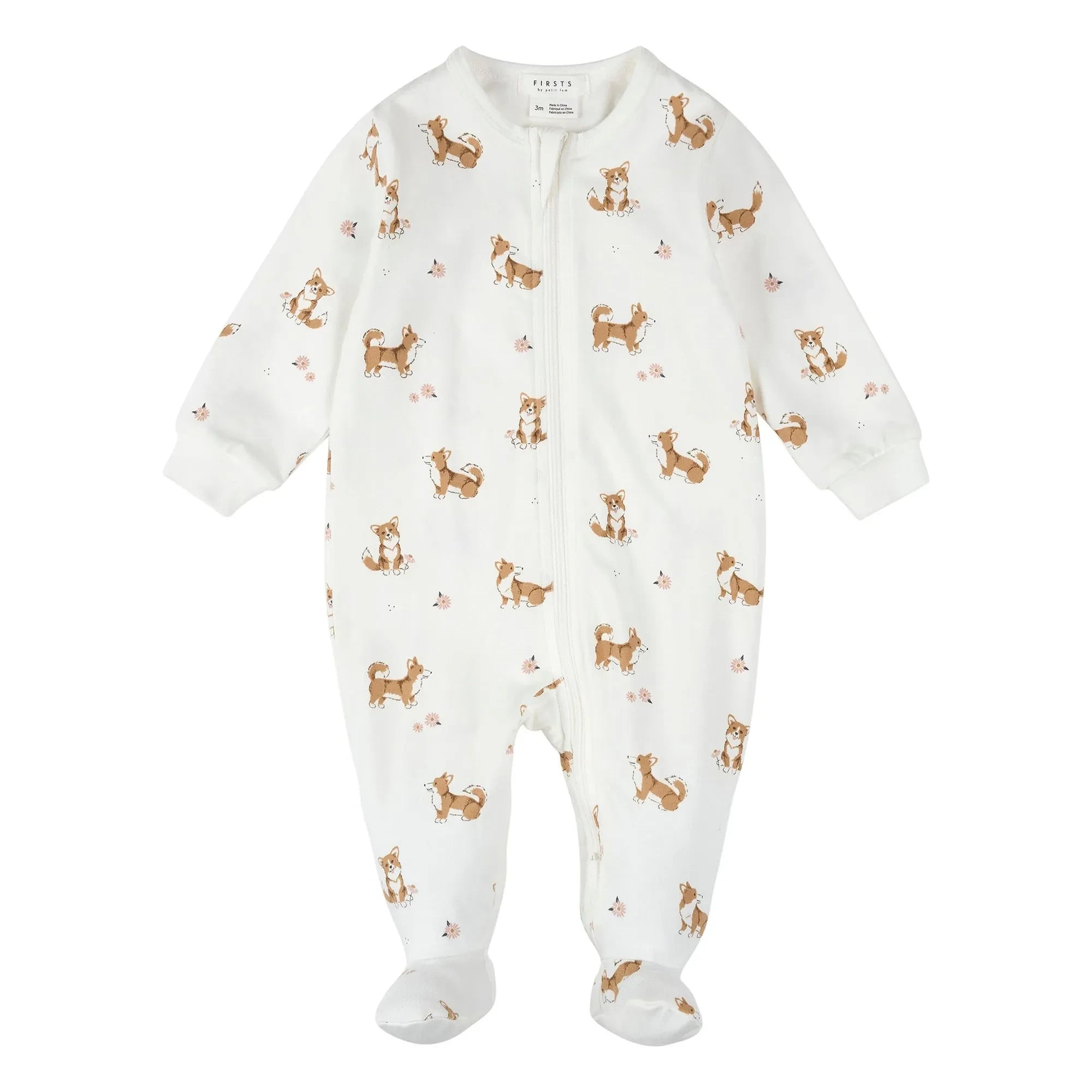 Petit Lem - Corgis Organik Pamuklu Fitilli Pijama | Ekru