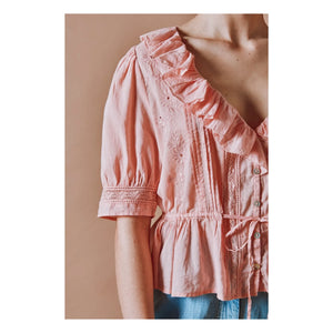 Emile et Ida - Embroidered Cotton Ruffled Blouse | Pink