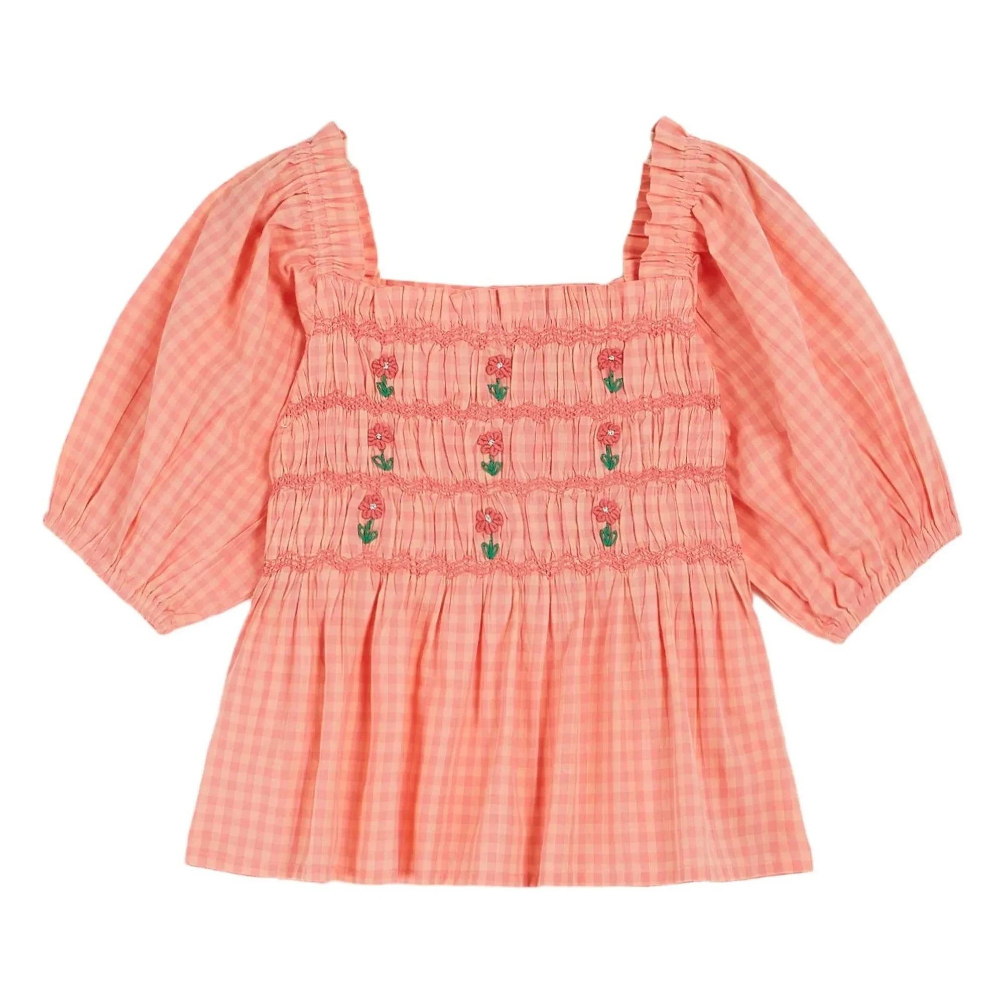 Emile et Ida - Bestickte karierte geraffte Bluse | Peach