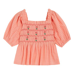 Emile et Ida - Bestickte karierte geraffte Bluse | Peach