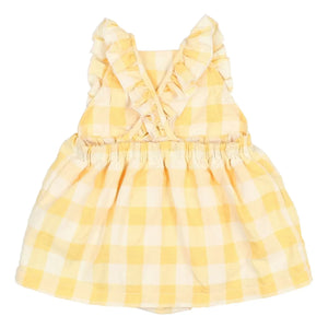 Búho - Gingham Fırfırlı Seersucker Organik Pamuklu Tulum Elbise | Sarı