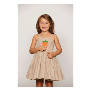 Mini Rodini - Çizgili Poplin Organik Pamuklu Büzgülü Elbise | Kahverengi