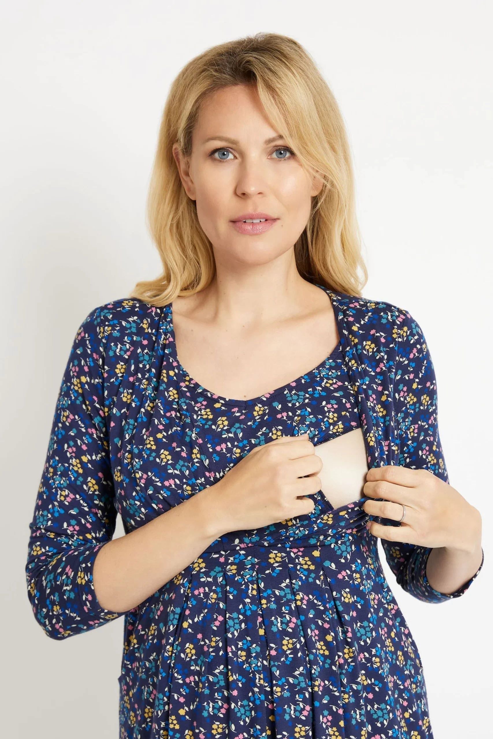 JoJo Maman – Marineblaues, plissiertes Umstands- und Still-Tunikakleid mit Blumenmuster – M