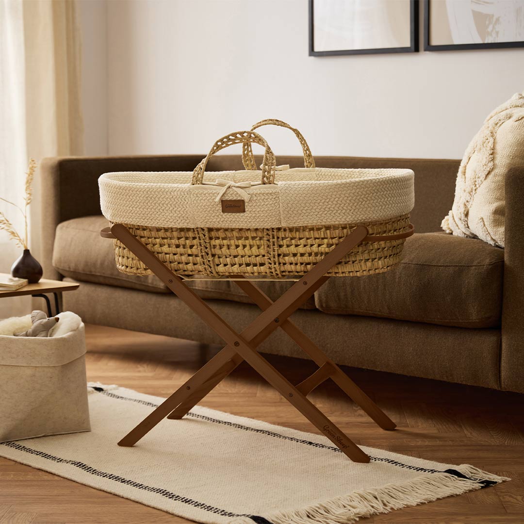 The Little Green Sheep Wheat Knit Moses Basket and Foldable Stand Bundle - Linen / Walnut-Moses Baskets-Linen / Walnut- | Natural Baby Shower