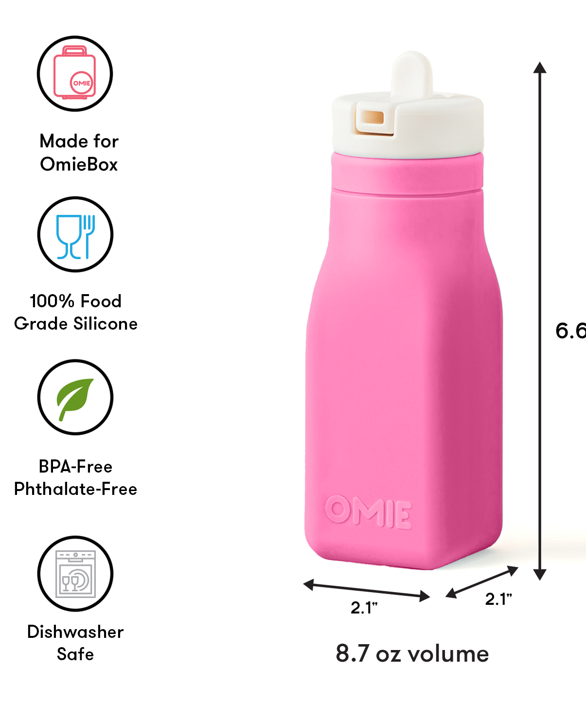 Omiebox - بطری آب سیلیکونی بدون BPA OmieBottle صورتی