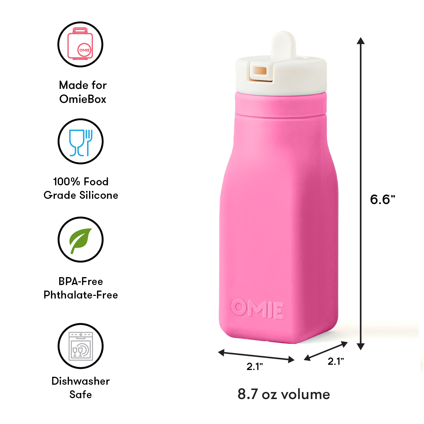 Omiebox - بطری آب سیلیکونی بدون BPA OmieBottle صورتی