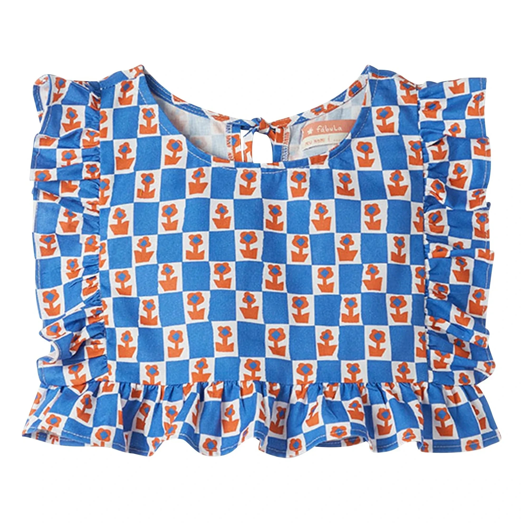 Fabula - Damier Flowers Volanlı Üst | Mavi