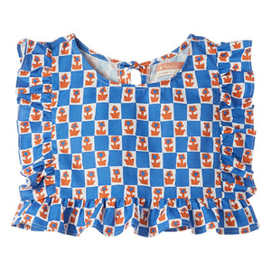 Fabula - Damier Flowers Volanlı Üst | Mavi
