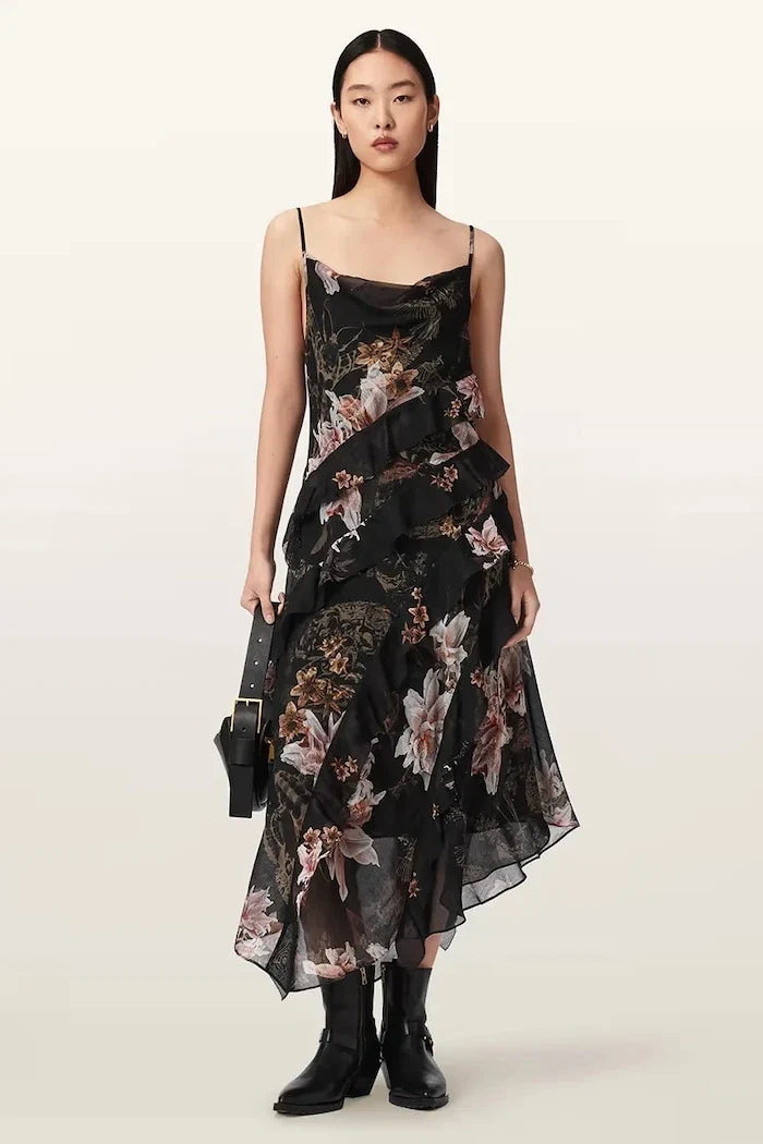 Kopya eklenmiş asimetrik elbise RUTH