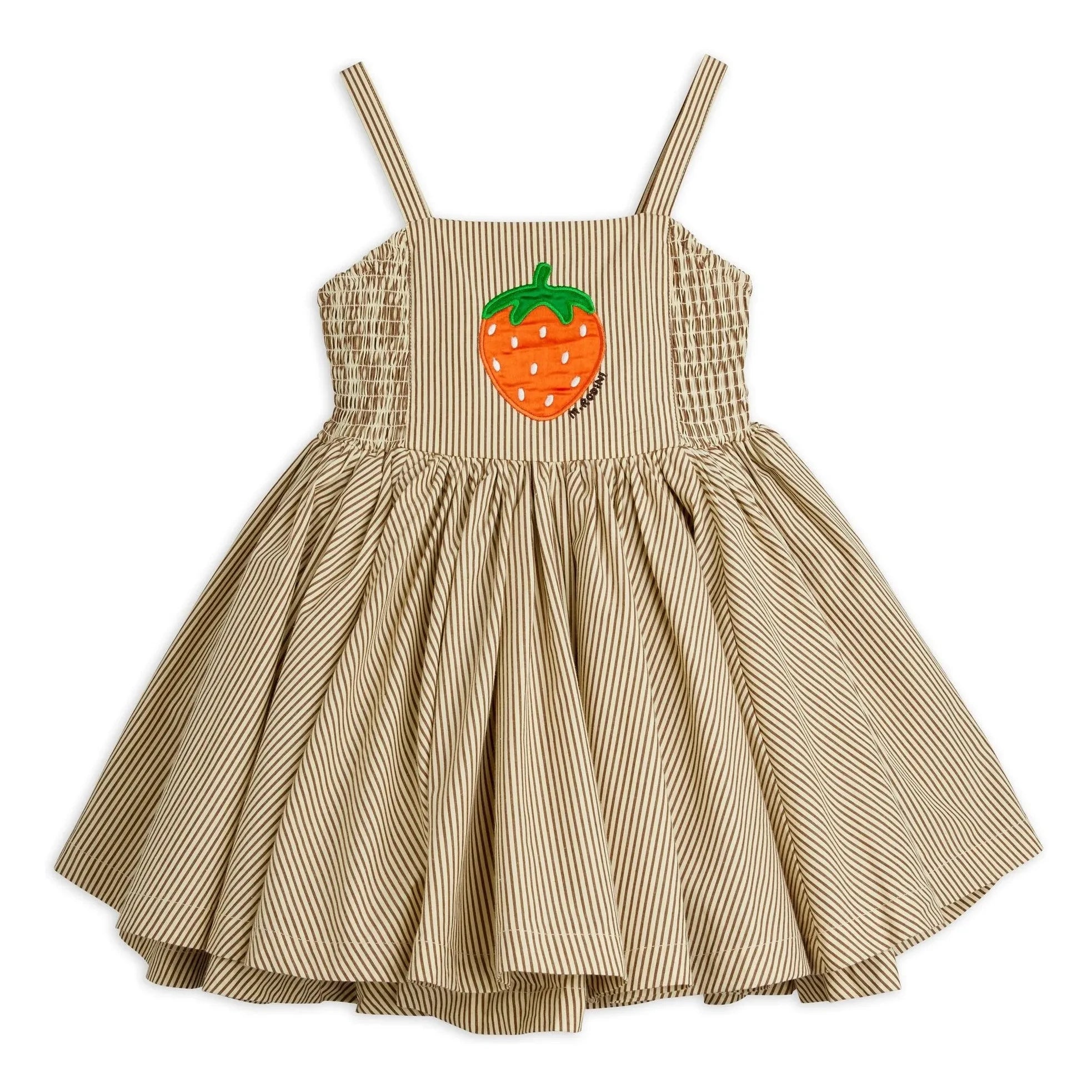 Mini Rodini - Çizgili Poplin Organik Pamuklu Büzgülü Elbise | Kahverengi