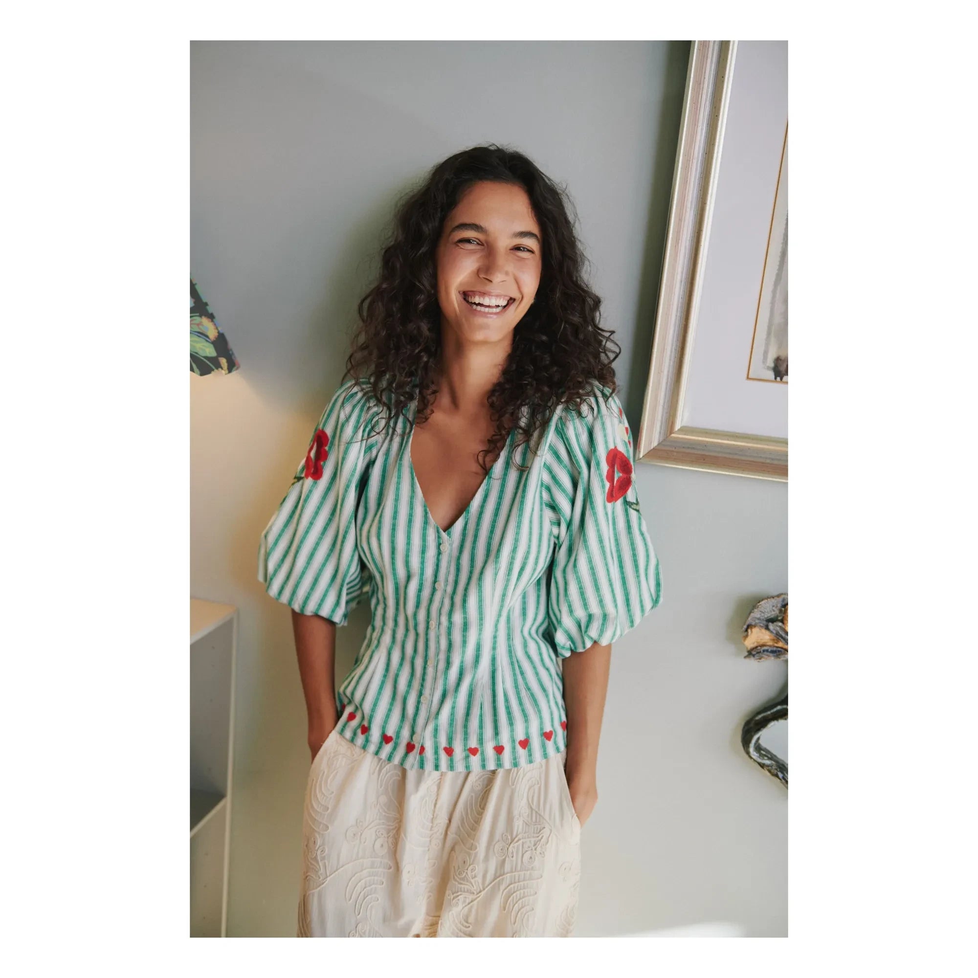 SISSEL EDELBO - Lotta Çizgili Organik Pamuk Bluz | Yeşil