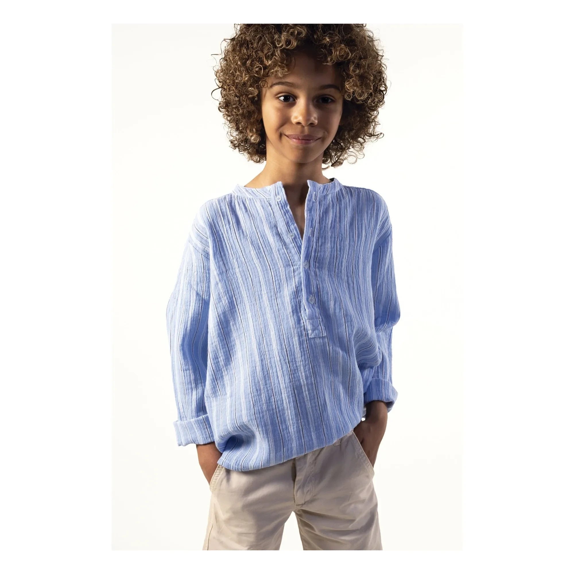 Sunchild - Striped Negril Tunisian collared blouse | Blue