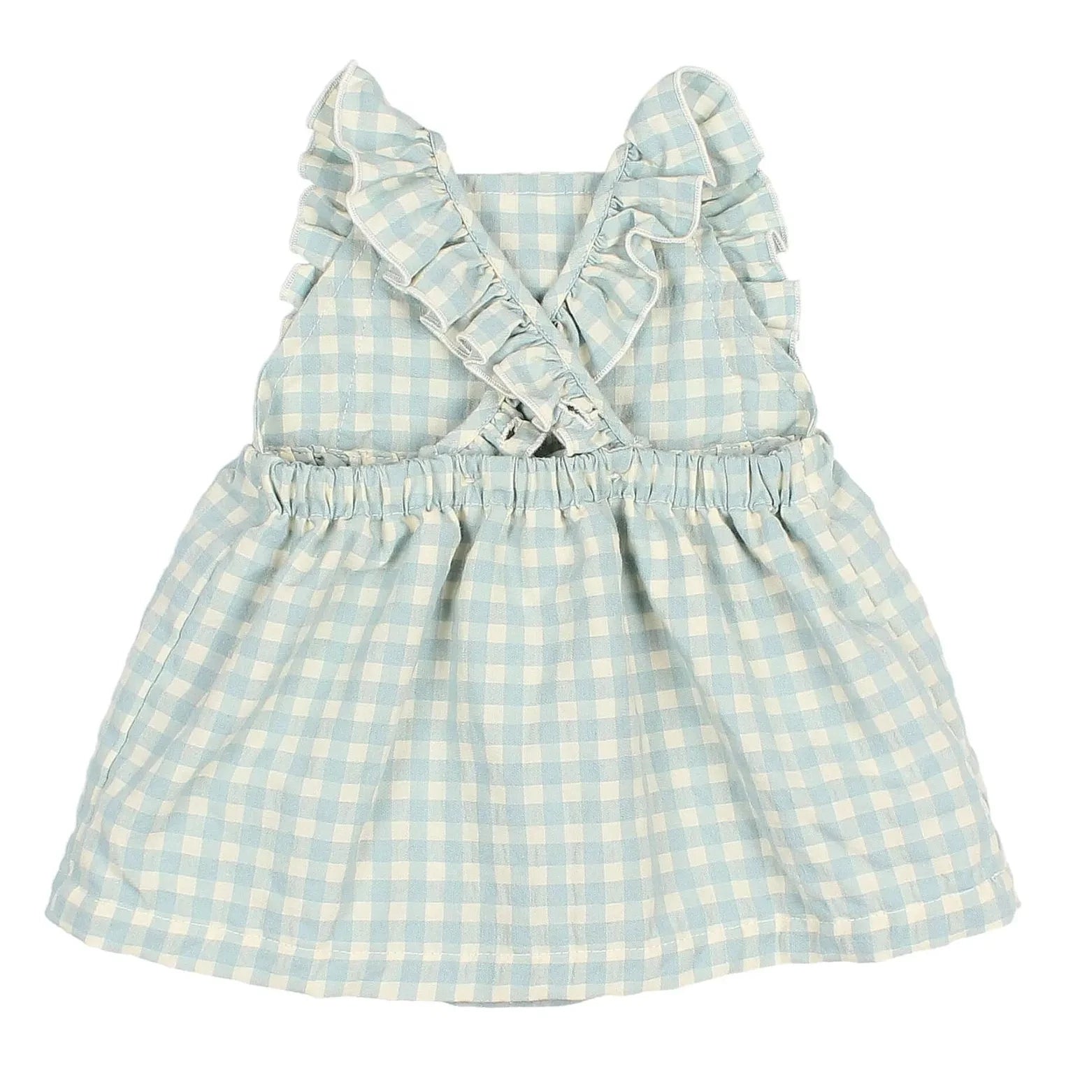 Búho - Gingham Ruffled Seersucker Organic Cotton Romper Dress | Aqua