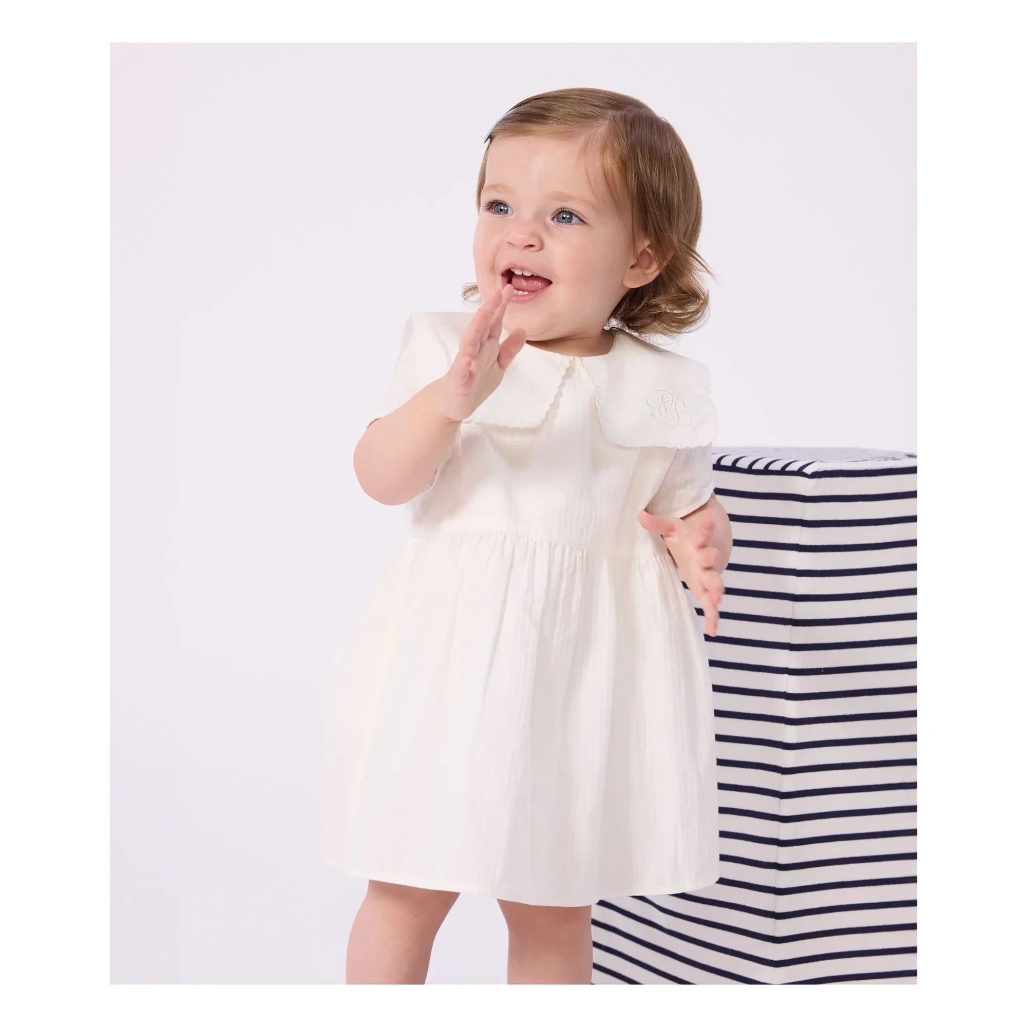 Petit Bateau - Keten ve organik pamuktan denizci yakalı elbise ve bloomer seti | Beyaz
