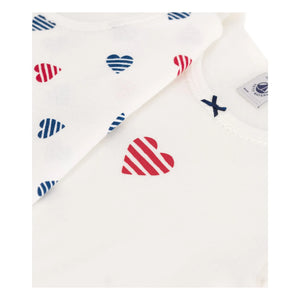Petit Bateau - 2'li Çizgili Kalp Organik Pamuklu Tişört Seti | Beyaz