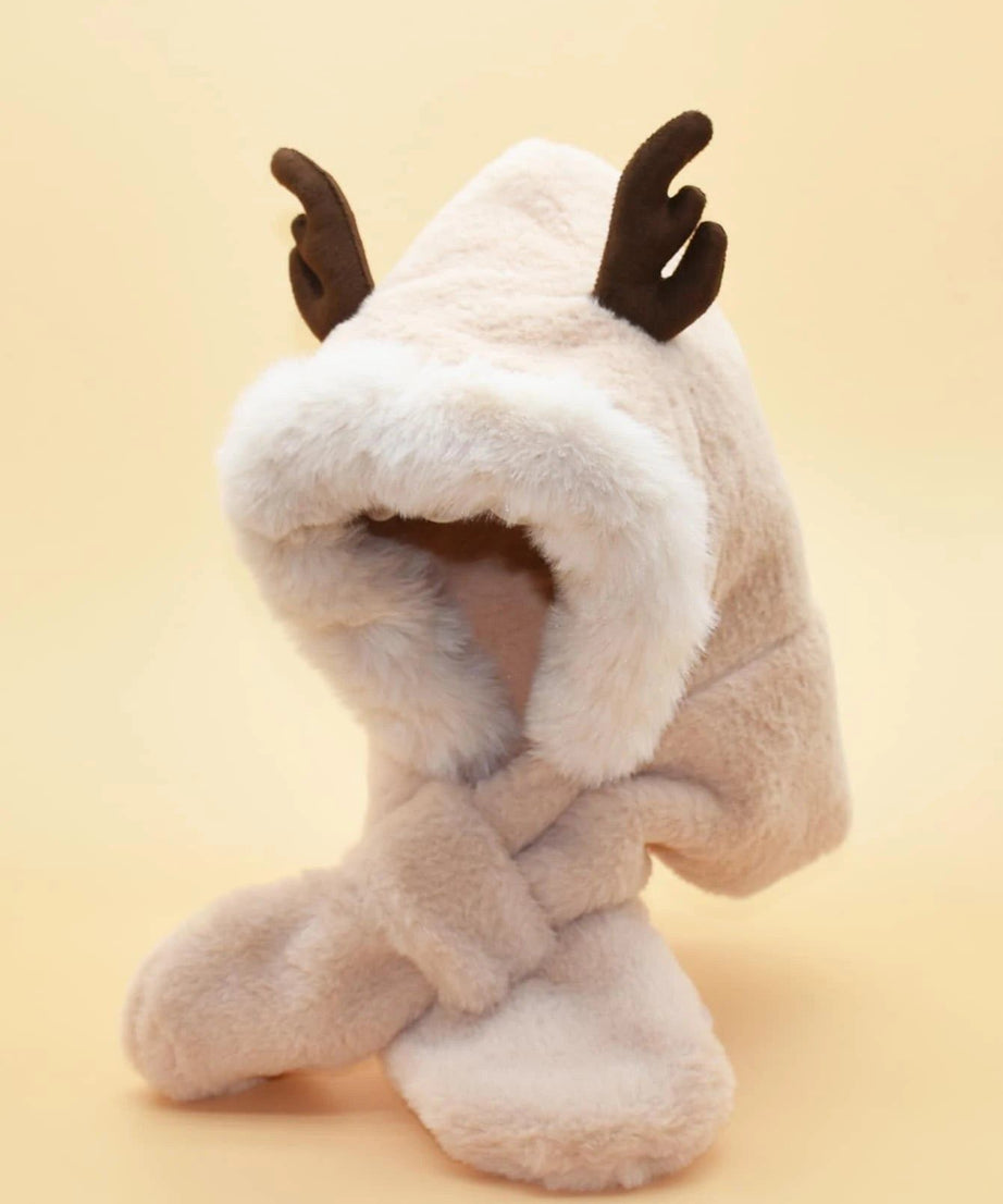 Dinossi - Polar Kürklü Geyik Boynuzlu Çocuk Bere ve Atkılı-Dinossi