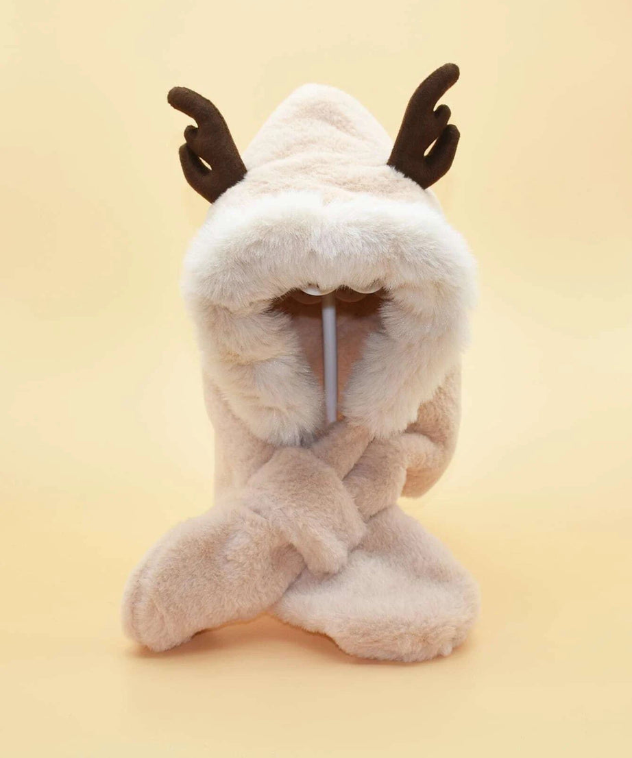 Dinossi - Polar Kürklü Geyik Boynuzlu Çocuk Bere ve Atkılı-Dinossi