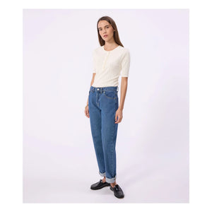 Petit Bateau – Pointelle T-Shirt mit Tuniskragen | Ecru