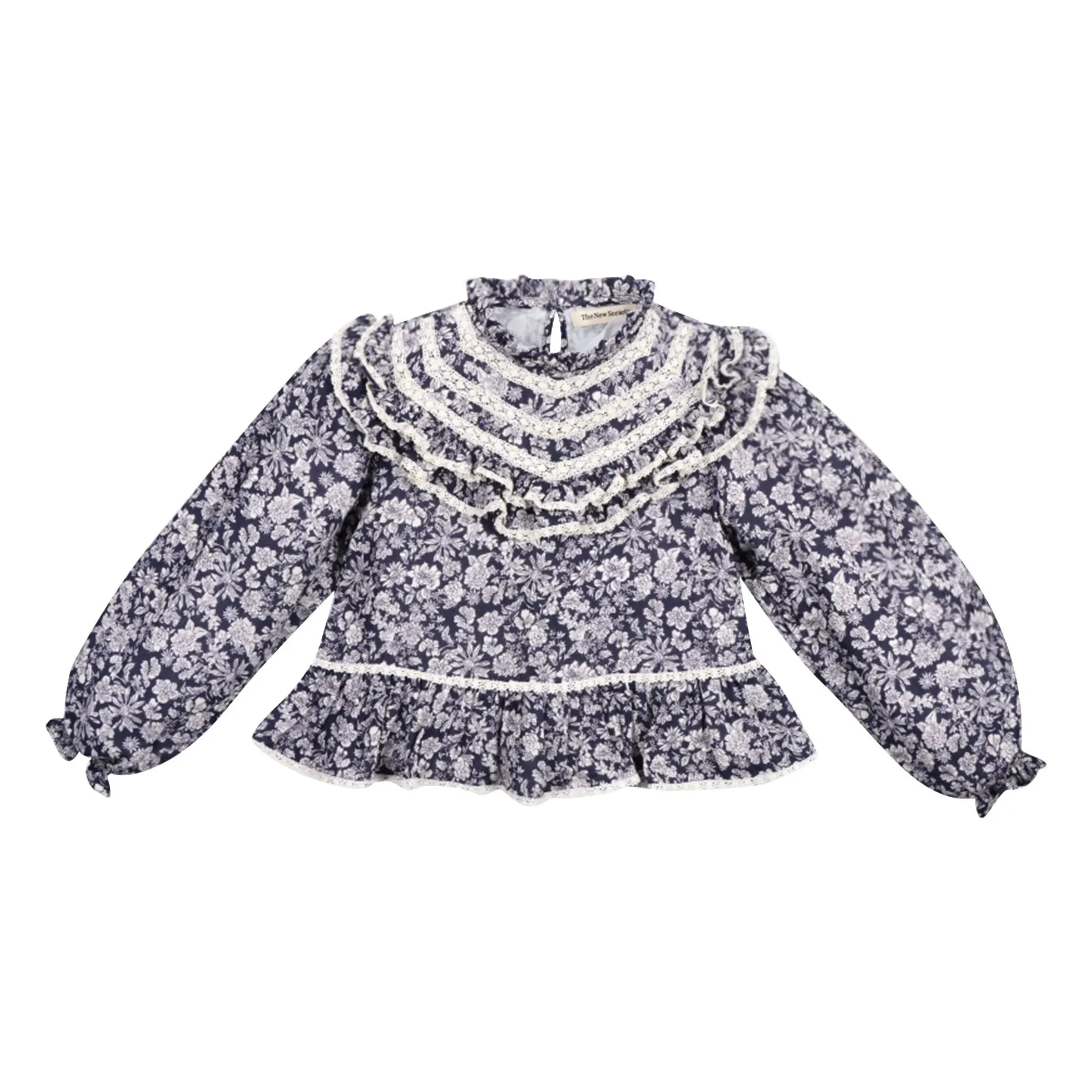 the new society - Lilith Double Cotton Muslin Floral Blouse | Navy Blue