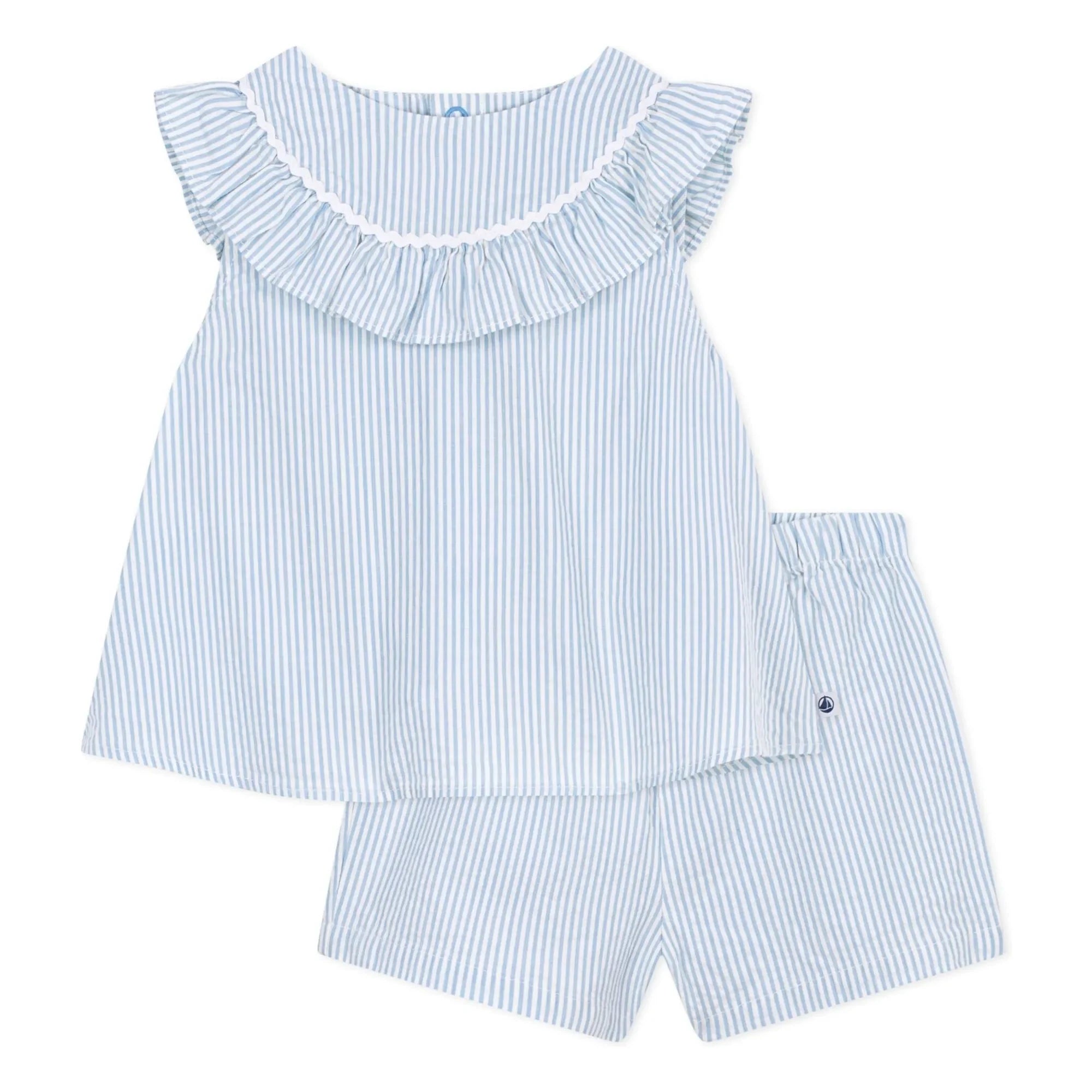 Petit Bateau - Seersucker organik pamuk bluz ve şort seti | Beyaz