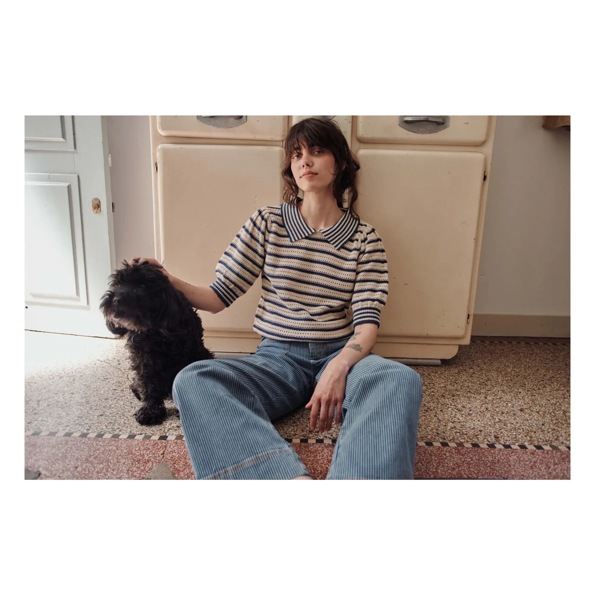 Emile et Ida - Organic cotton openwork striped sweater | Navy Blue