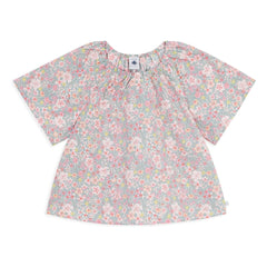 Petit Bateau - Pamuklu Biyeli Çiçekli Bol Bluz | Gri mavi
