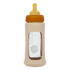 Hevea - Weithals-Babyflasche aus Glas mit mittlerem Durchfluss und Schutzhülle | Sand