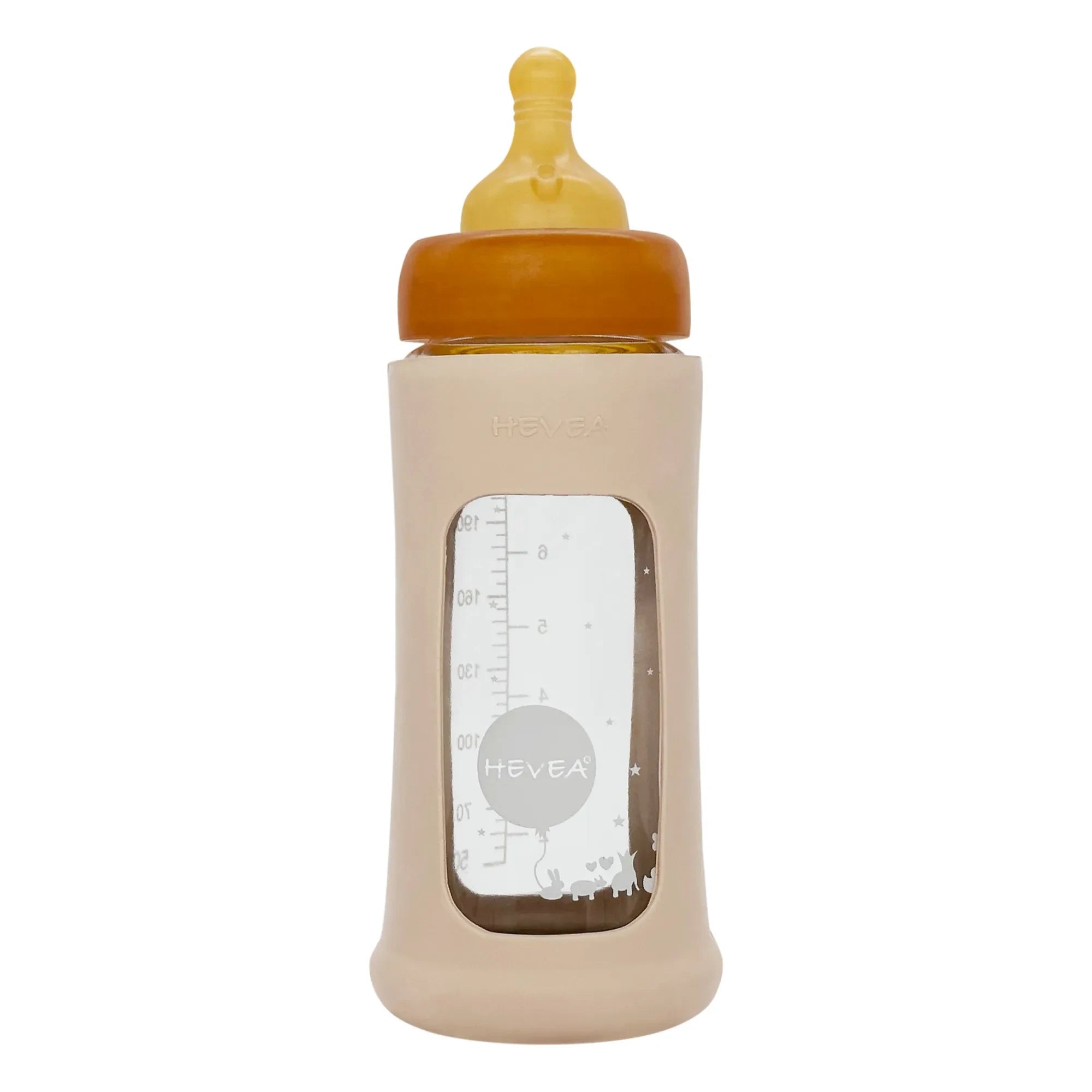 Hevea - Weithals-Babyflasche aus Glas mit mittlerem Durchfluss und Schutzhülle | Sand