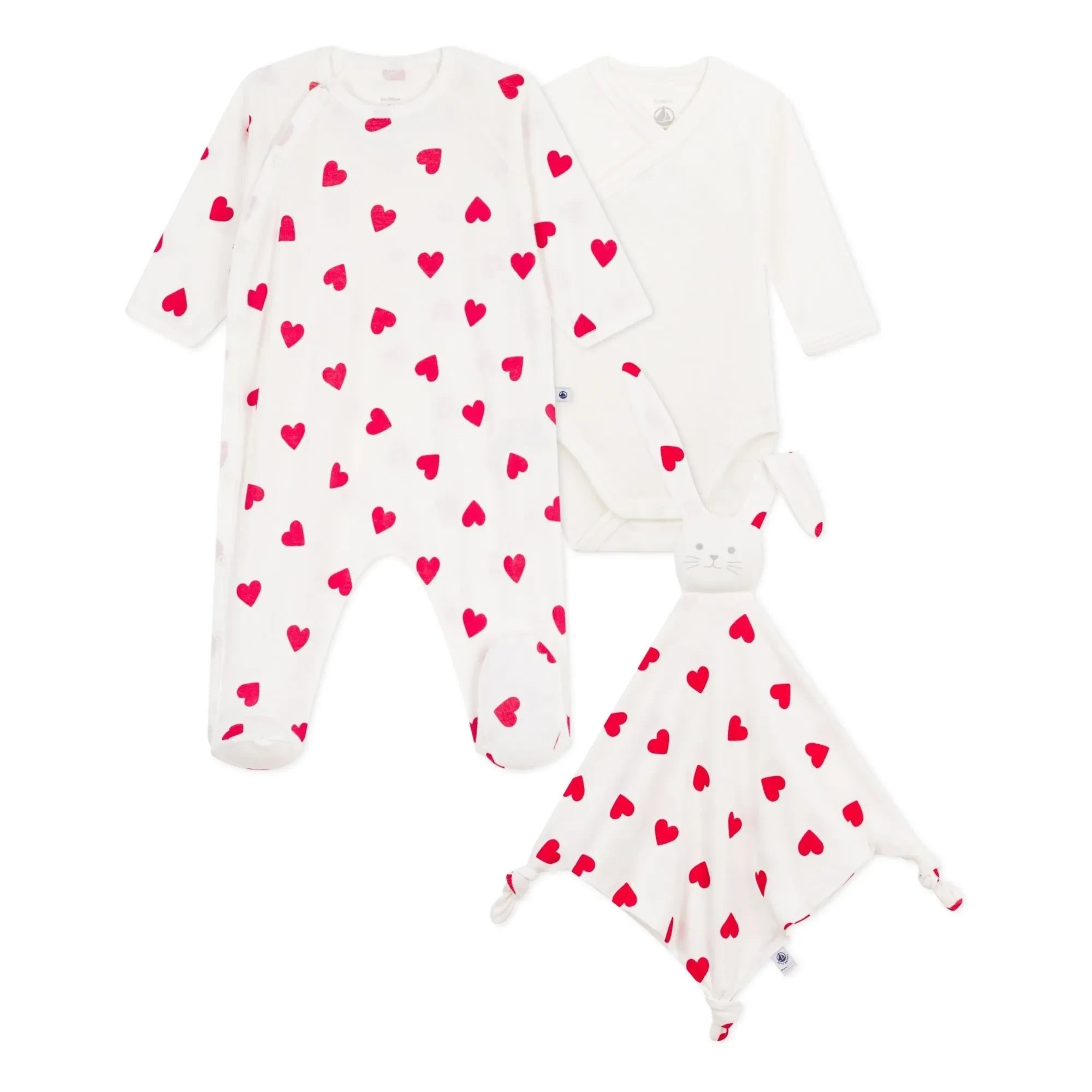 Petit Bateau - 3 Piece Pajama Jumpsuit & Cute Hearts Gift Set | White