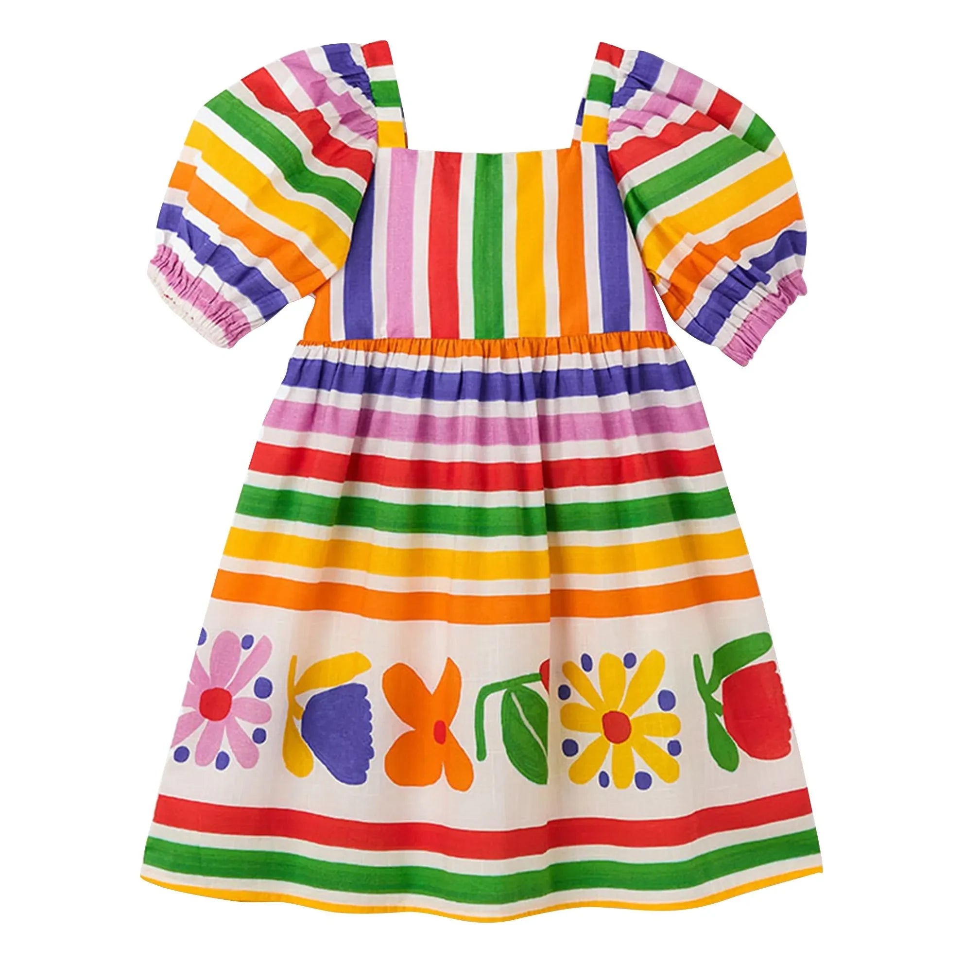 Fabula - Gestreiftes Blumenmuster Kleid mit Ballonärmeln | Gelb