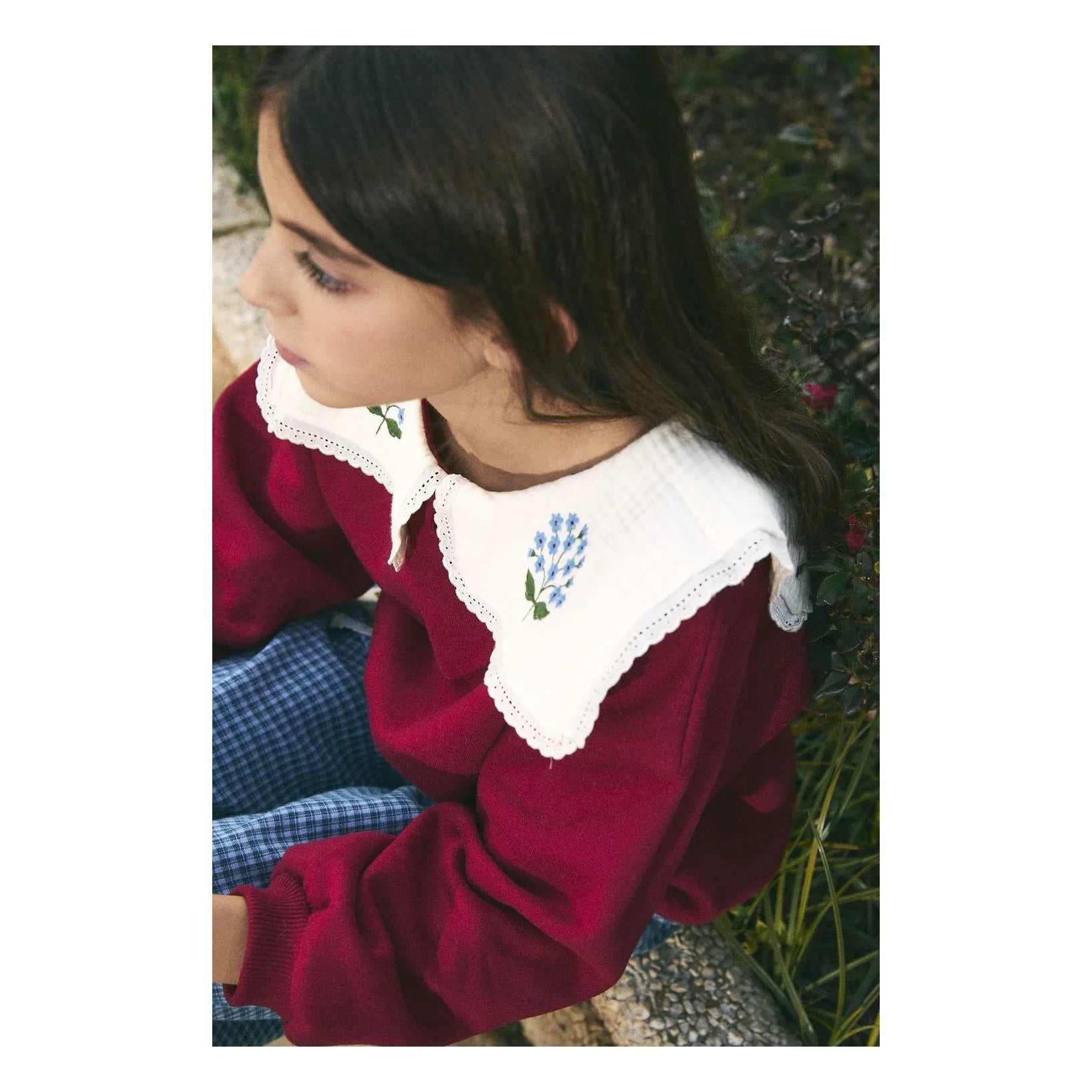 birinit - Organik pamuklu işlemeli drapeli yaka sweatshirt | Bordo