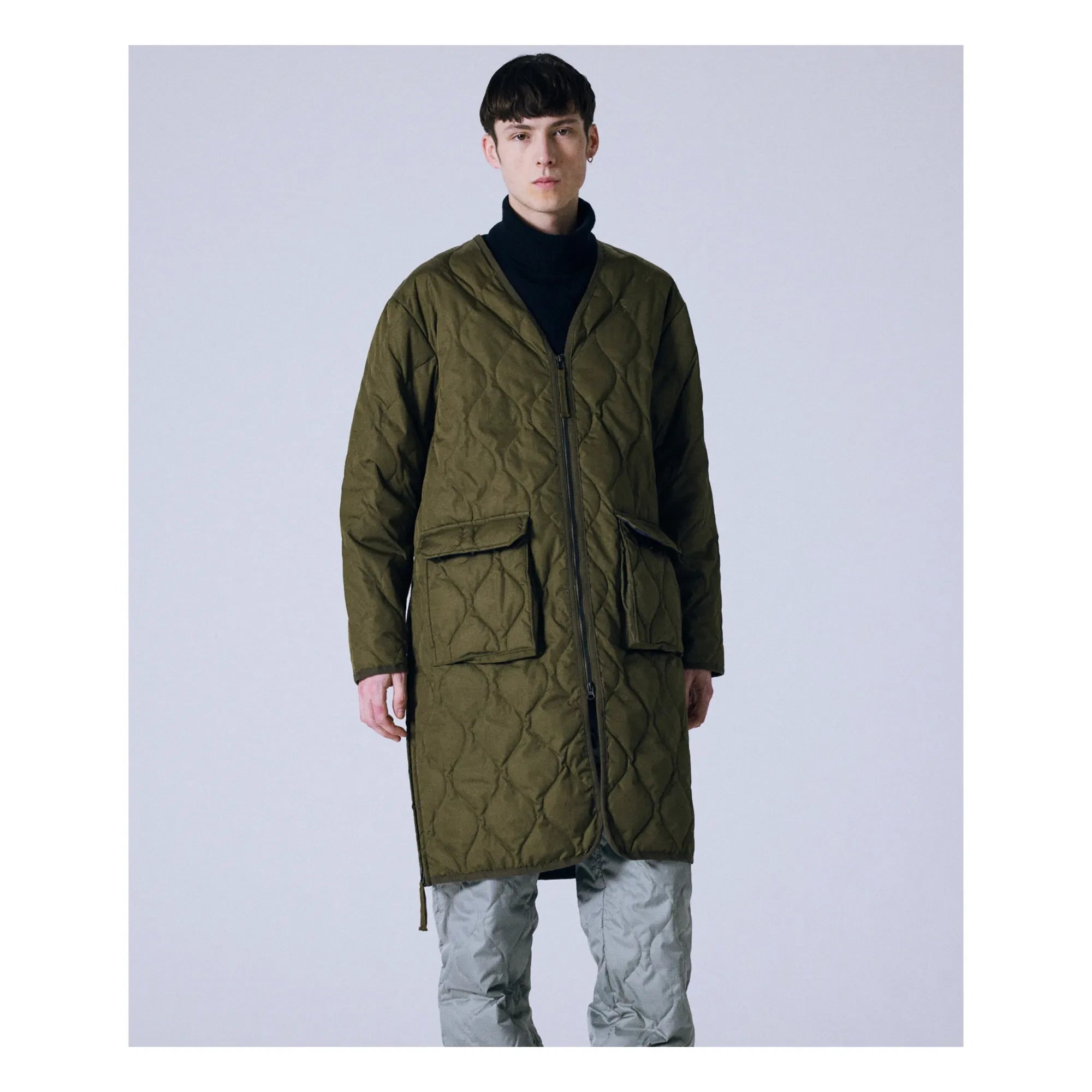 Taion - Askeri Unisex Uzun Fermuarlı Kapitone Mont | Zeytin yeşili