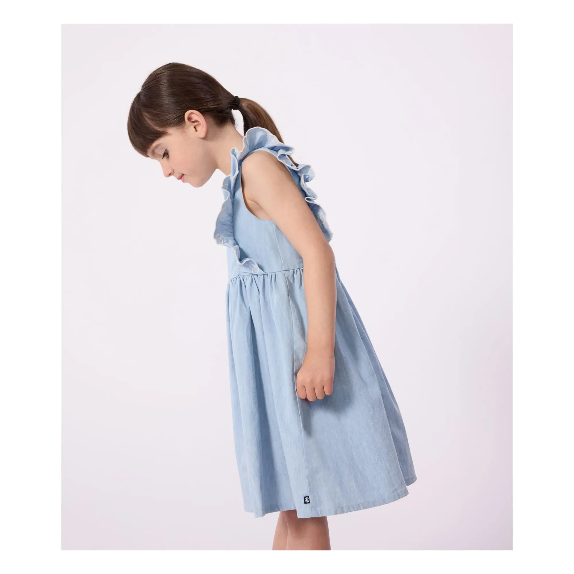 Petit Bateau - Mavi Chambray Fırfırlı Elbise