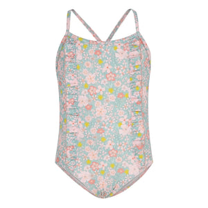 Petit Bateau - Badeanzug mit Rüschen und Blumenmuster | Türkis