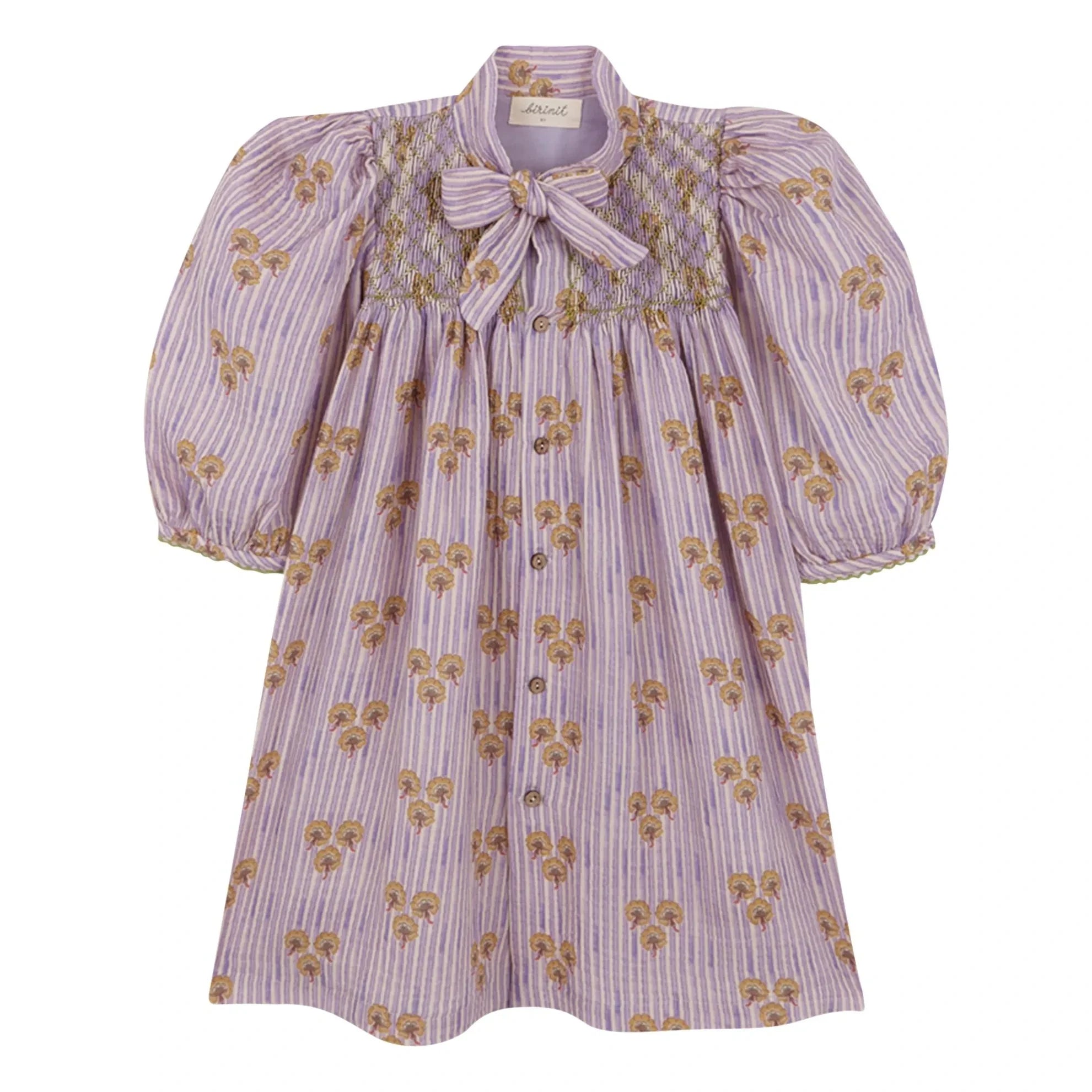birinit - Striped Organic Cotton Cinca Gathered Dress | Dark Lilac
