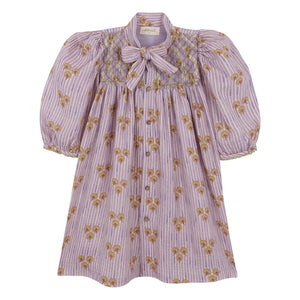 birinit - Striped Organic Cotton Cinca Gathered Dress | Dark Lilac