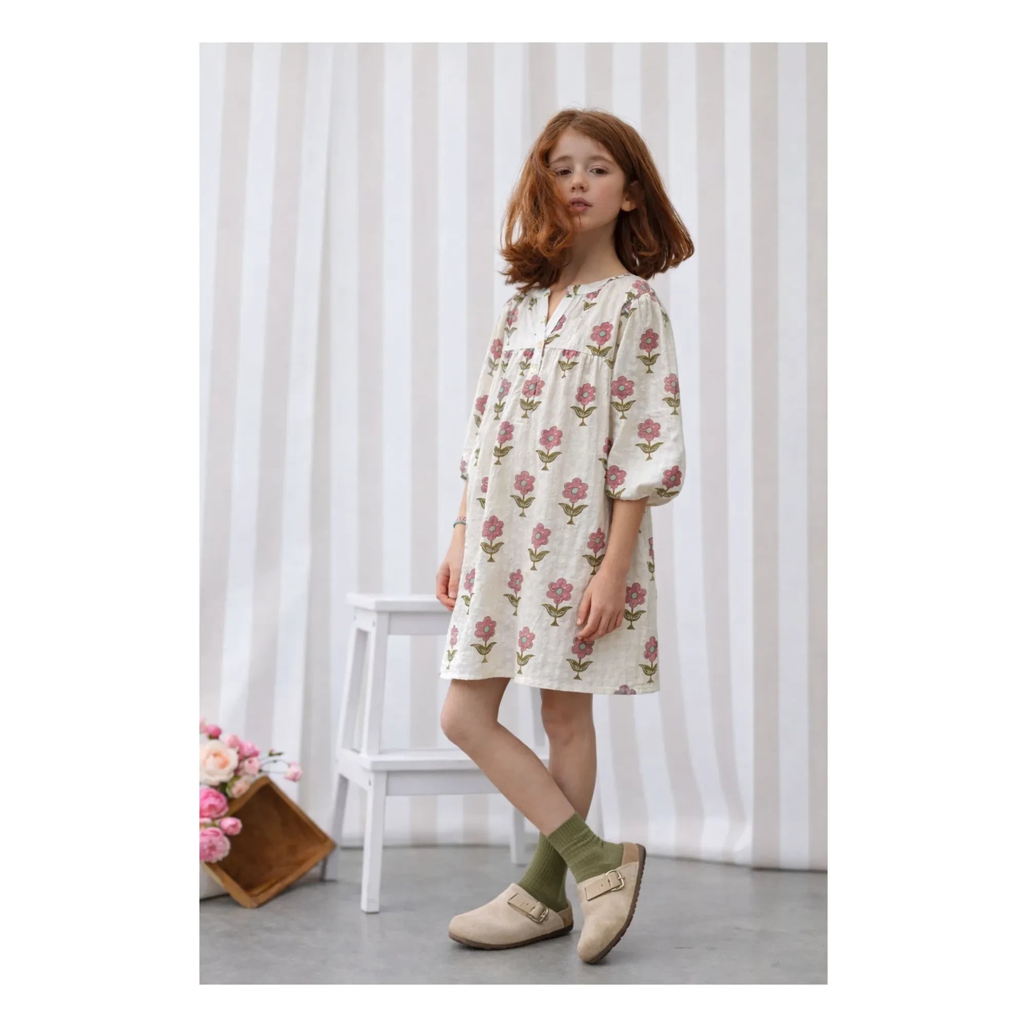 Lililotte - Romy Flowers Floral Print Crinkled Organic Cotton Dress | Ecru