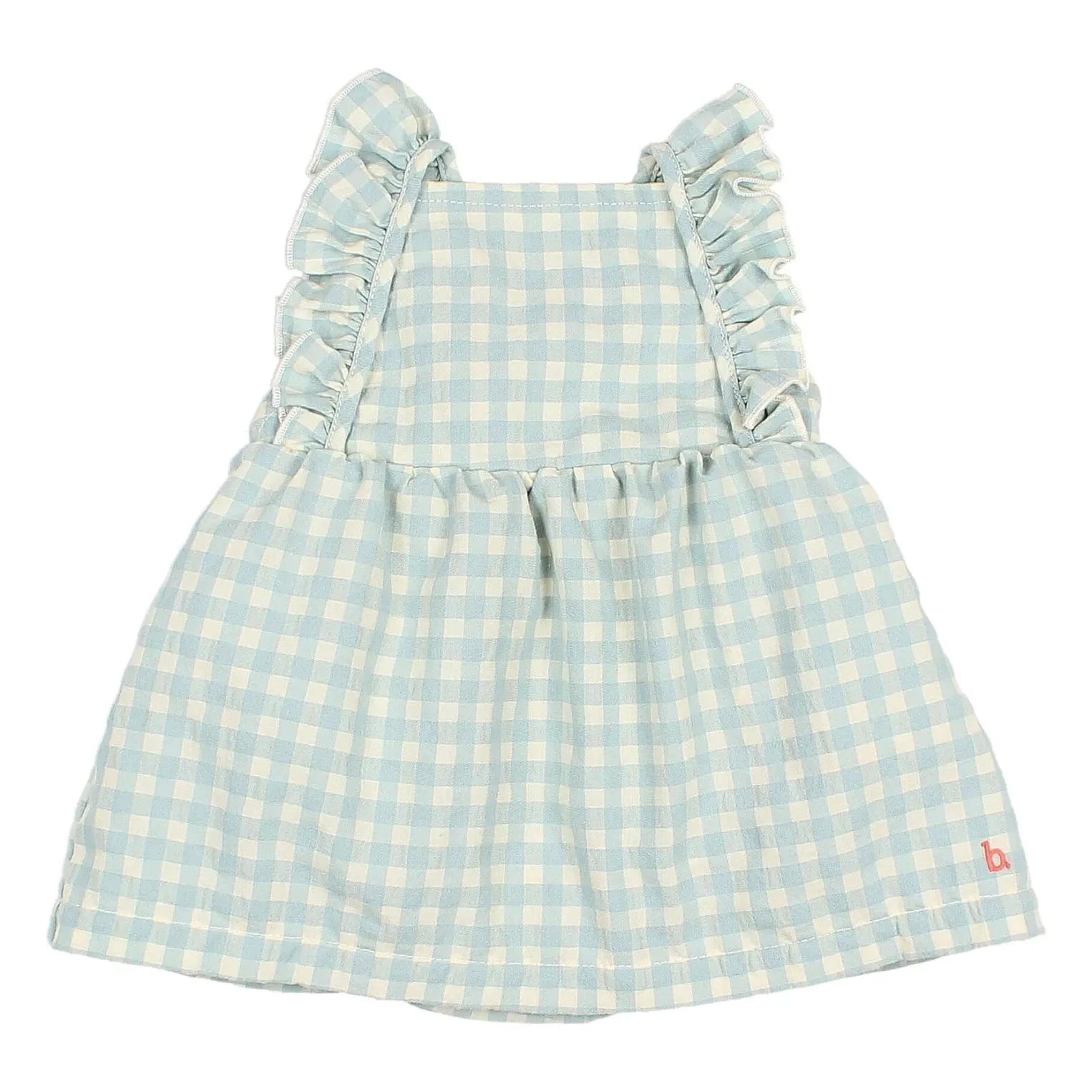 Búho - Gingham Ruffled Seersucker Organic Cotton Romper Dress | Aqua