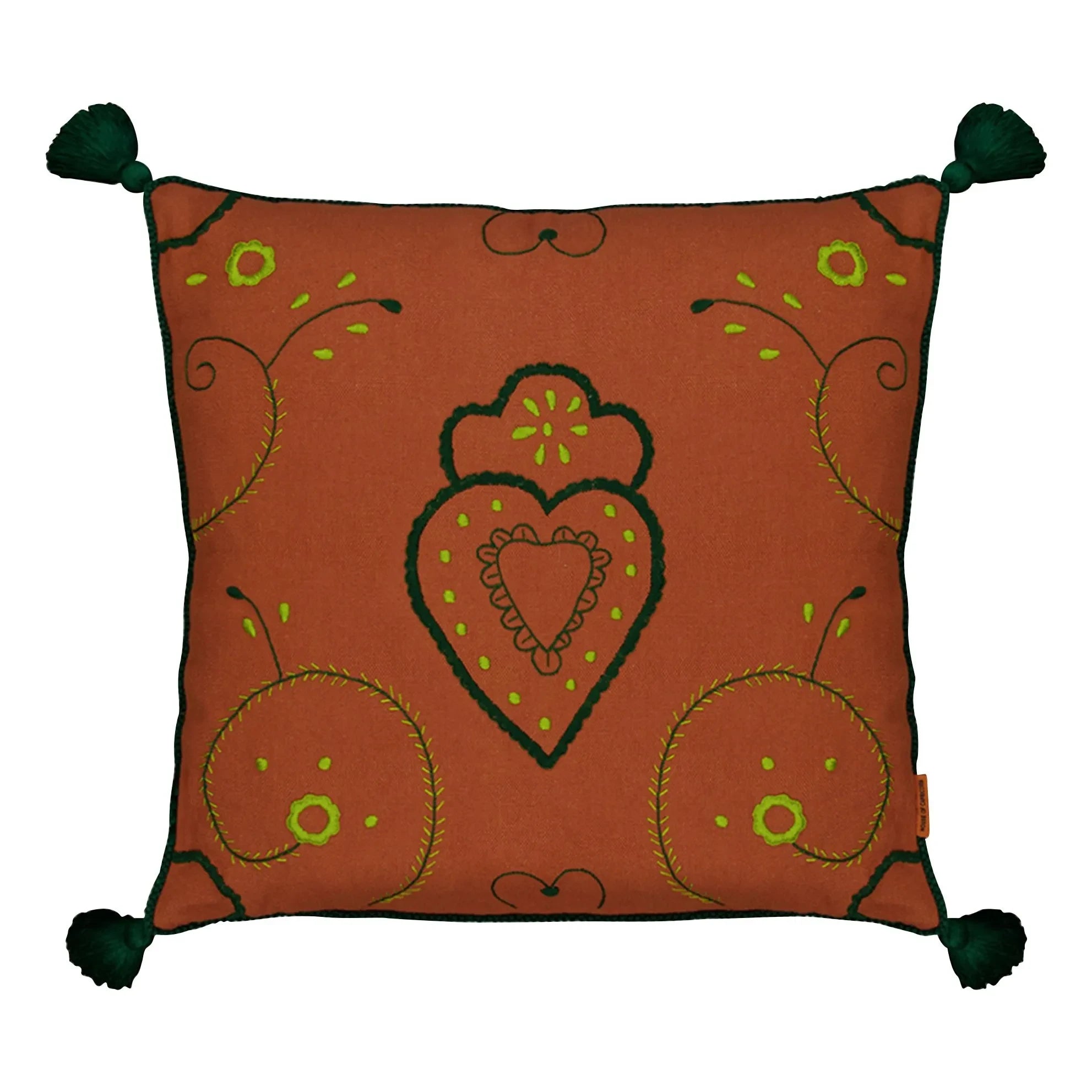 House of Capricorn - Viana Pom-Pom Embroidered Linen Pillow | Brick Red