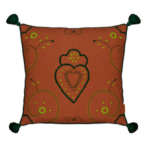 House of Capricorn - Viana Pom-Pom Embroidered Linen Pillow | Brick Red
