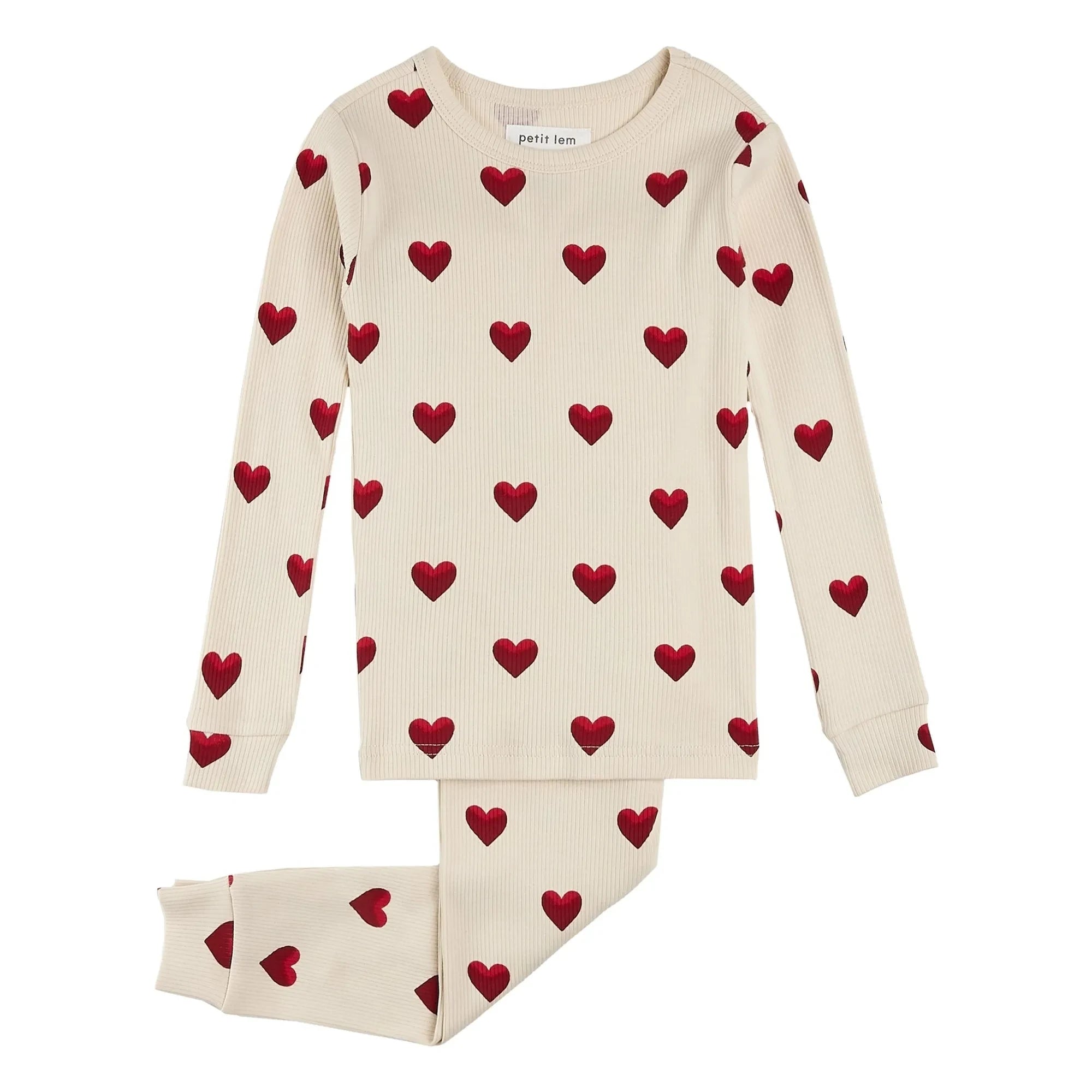 Petit Lem - Ripp-Pyjama aus Bio-Baumwolle mit Herzmuster | Beige
