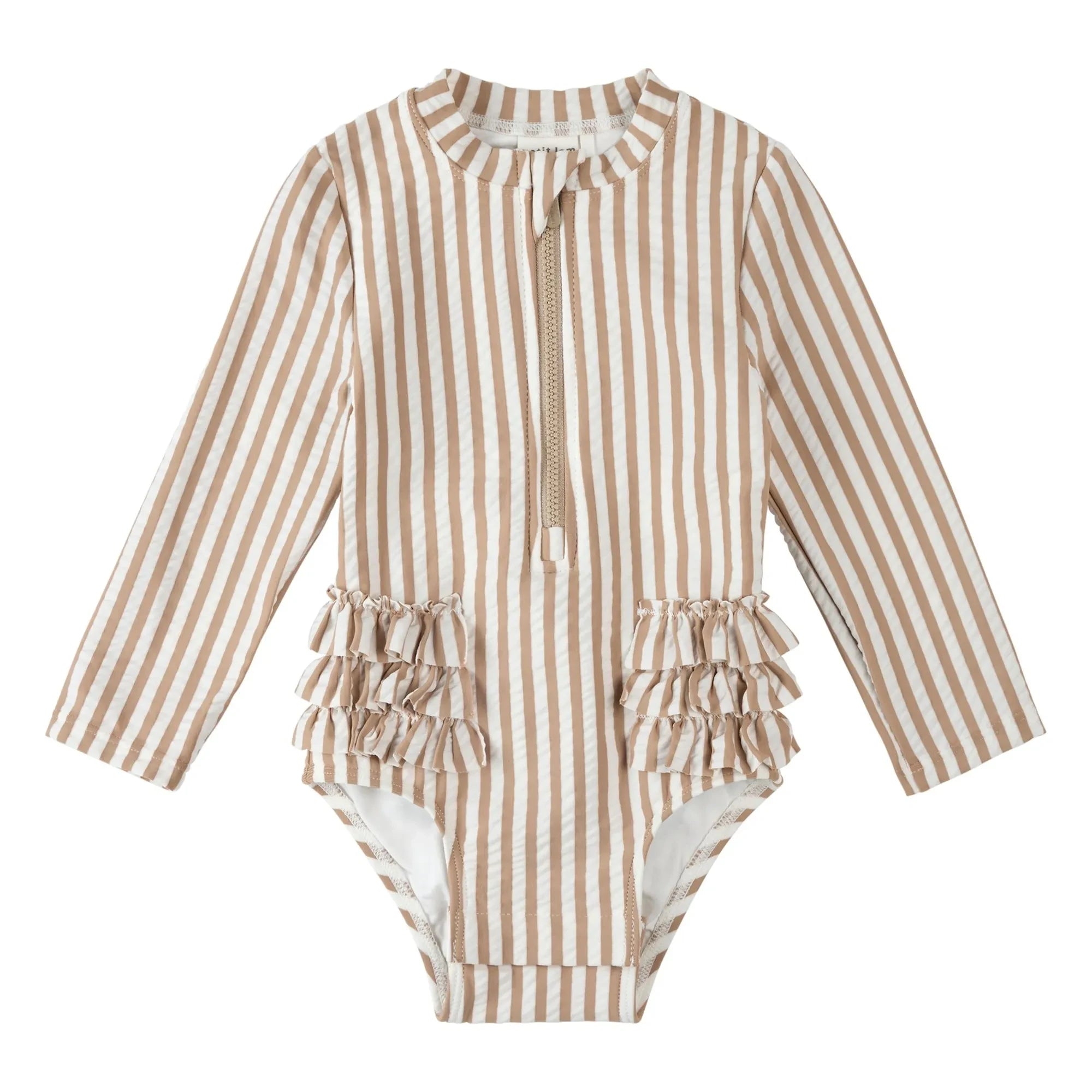 Petit Lem - Striped Long Sleeve Seersucker Swimsuit Recycled Fibers | Beige