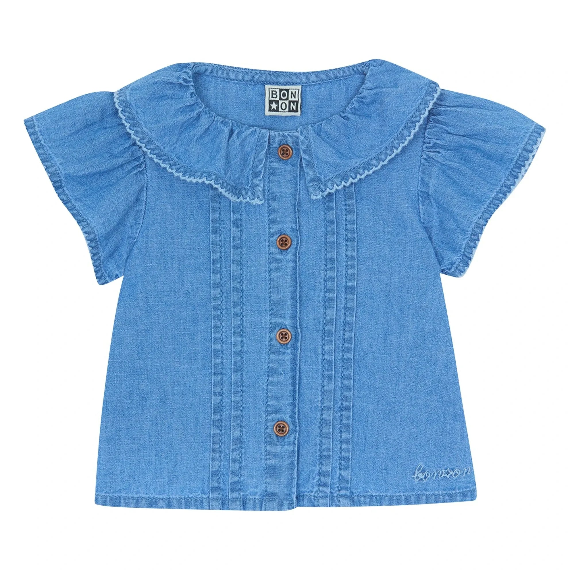 Bonton - Nancy Chambray Bebek Balon Kollu Gömlek | Denim mavi