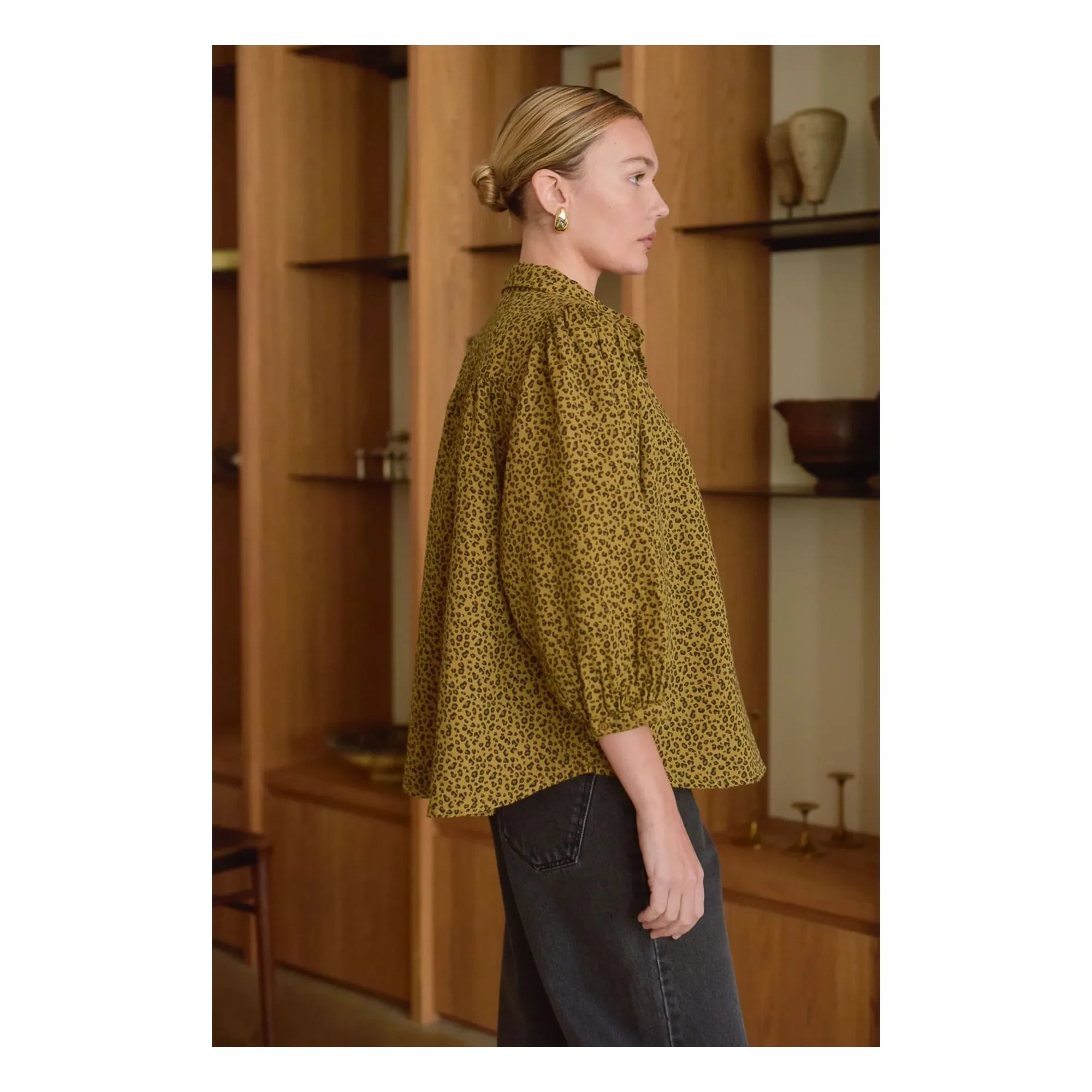 Marlot Paris - Appoline Mini Leopar Desenli Çift Katlı Pamuk Gazlı Bluz - Kadın Koleksiyonu | Kahverengi