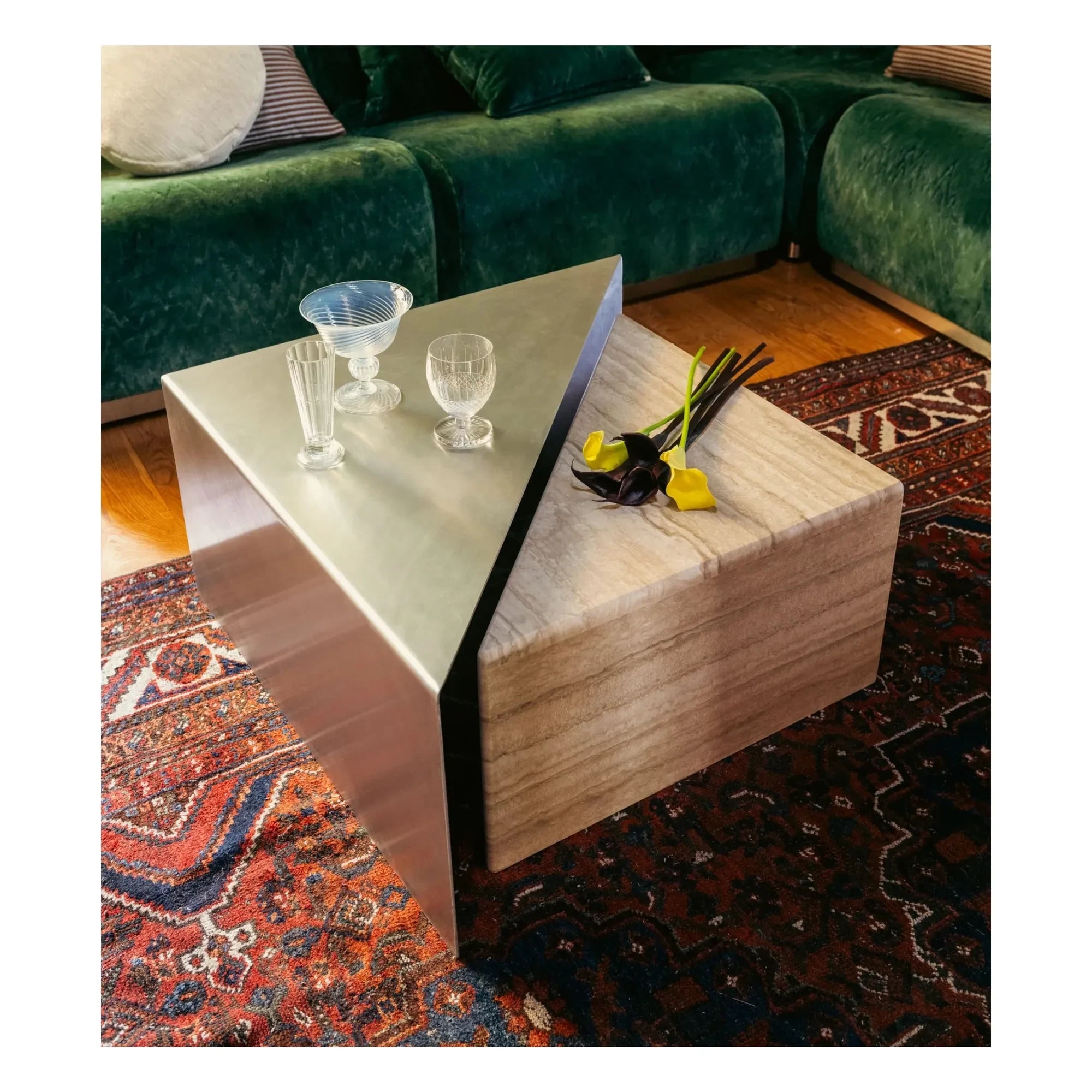 The Socialite Family - Brushed Aluminum and Travertine Covered Triangolo Side Table