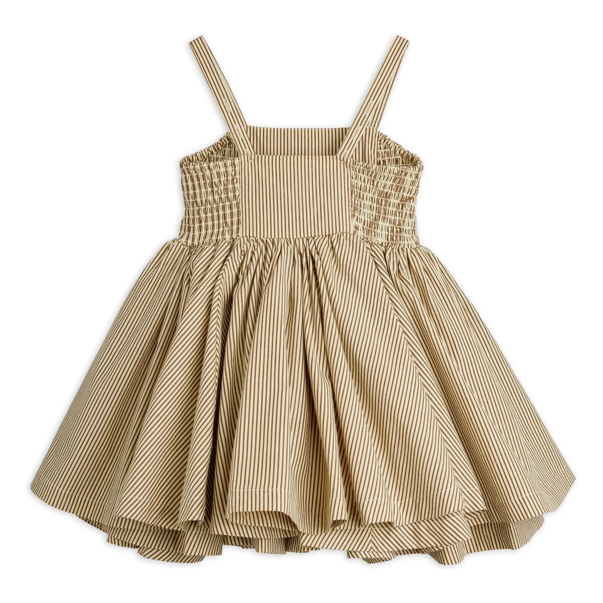 Mini Rodini - Çizgili Poplin Organik Pamuklu Büzgülü Elbise | Kahverengi