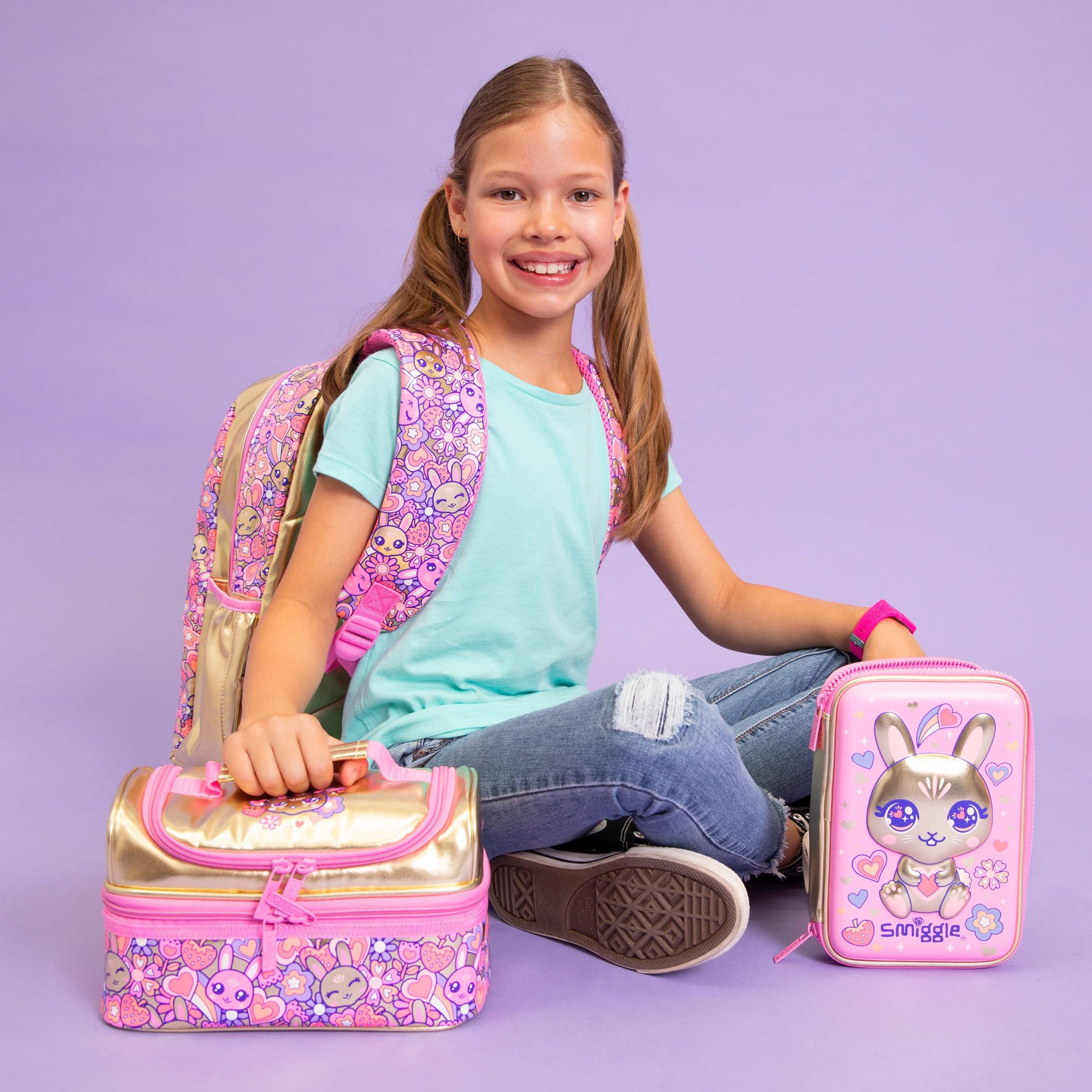 Smiggle - Budz Altın Çift Katlı Beslenme Çantası-Dinossi